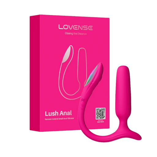 A Lovense Bluetooth App Controlled Vibrating Anal Plug in pink is shown beside its vibrant packaging, which displays an illustration of the product and the Lovense brand name.