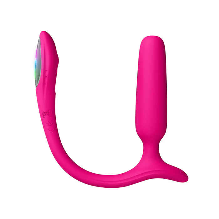 A bright pink Lovense Bluetooth App Controlled Vibrating Anal Plug, made of silicone with a smooth cylindrical end and contoured flexible arm, displayed against a white background.