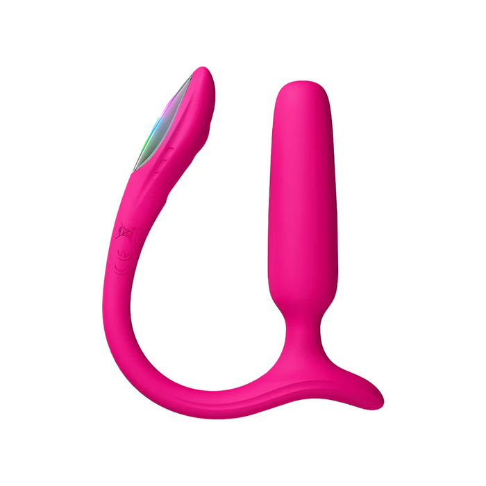 The Lovense Bluetooth App Controlled Vibrating Anal Plug is a bright pink, U-shaped silicone plug with a slim curved tip, a thicker cylindrical end, and visible control buttons for versatile pleasure via app control.