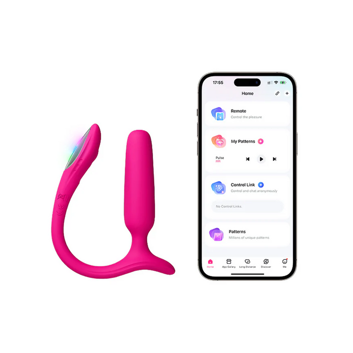 The Lovense Bluetooth App Controlled Vibrating Anal Plug, in pink with a curved design, is shown beside a smartphone featuring the app interface for remote control and customizable vibration patterns.