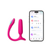 The Lovense Bluetooth App Controlled Vibrating Anal Plug, in pink with a curved design, is shown beside a smartphone featuring the app interface for remote control and customizable vibration patterns.