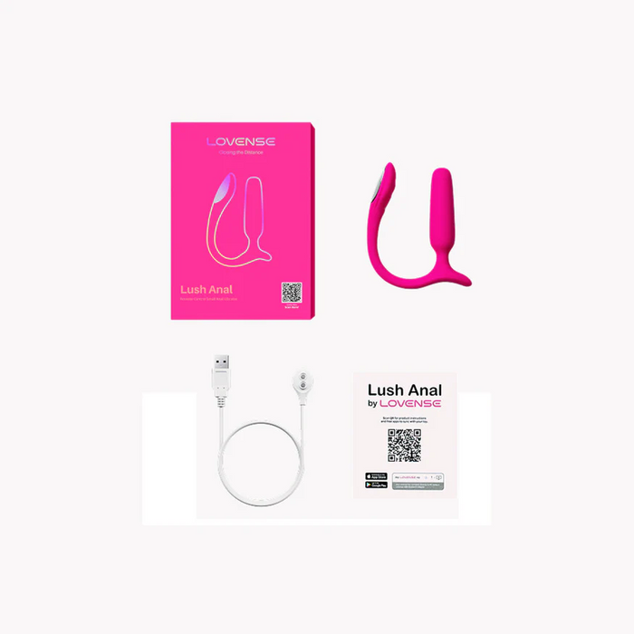 The Lovense Bluetooth App Controlled Vibrating Anal Plug, shown with its packaging, USB charging cable, and instruction manual on a white background.