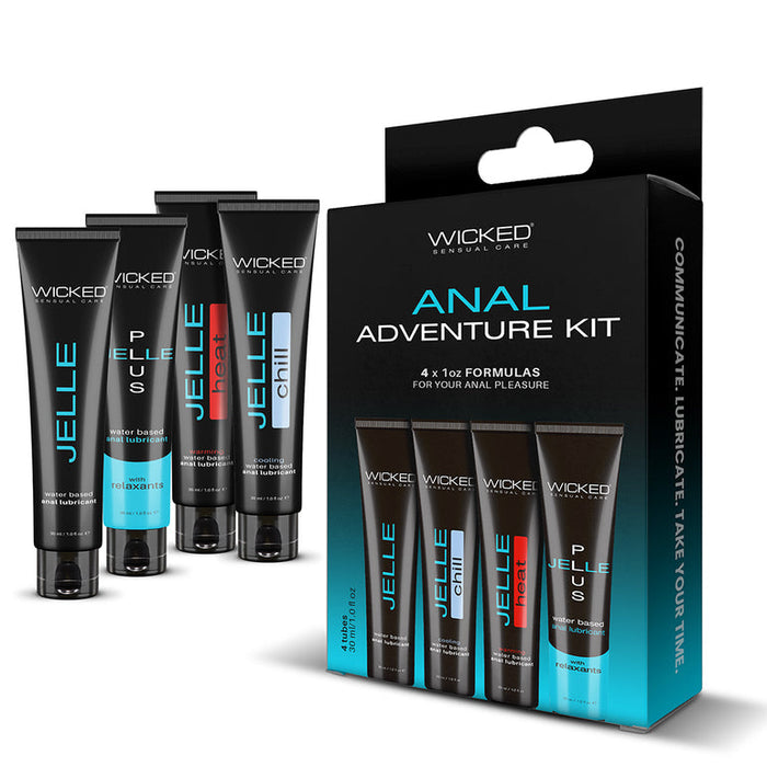 The Wicked Anal Adventure Variety Pack includes four 1 oz travel-sized water-based anal lubricants: Jelle, P, Chill, and Heat—each in a tube with a colorful label and packaged in a black box.