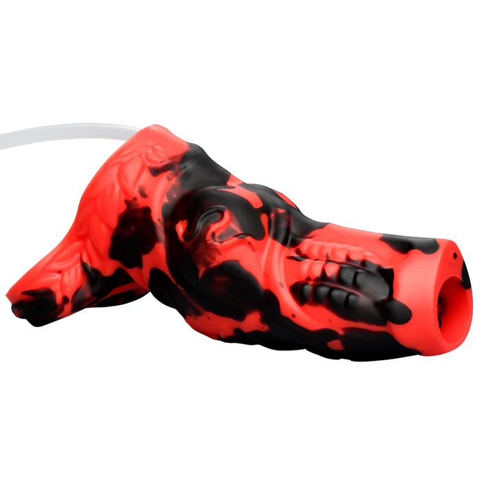 The Hell Hound Canine Squirting Penis Enhancer is a red and black marbled silicone sleeve styled like a muscular animal paw with claws, featuring a hollow tip and attached flexible tube for squirting—perfect for monster fantasy play.
