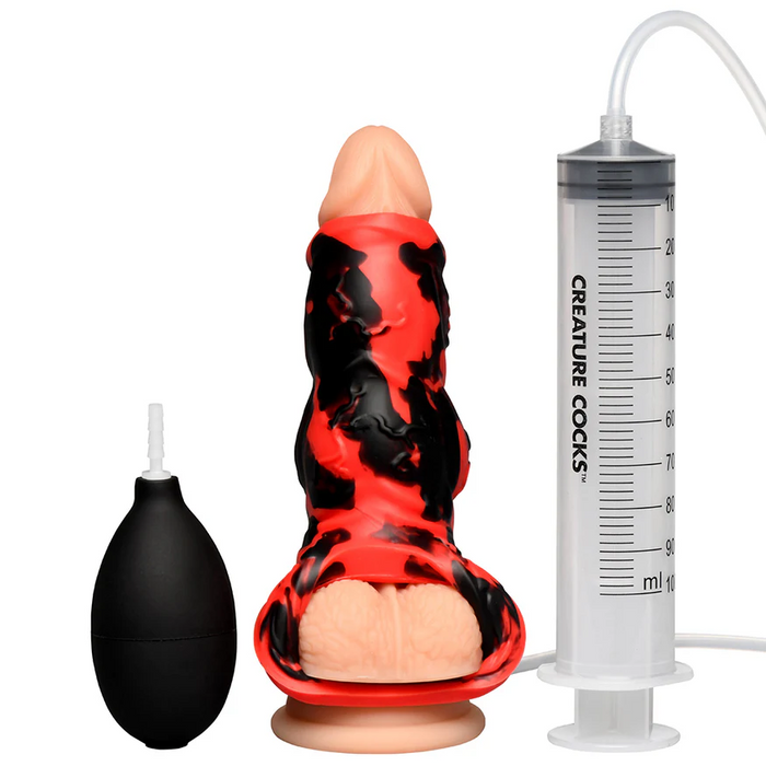 The Hell Hound Canine Squirting Penis Enhancer features a red and black marbled silicone design, includes a black bulb pump and clear syringe, ideal for fans seeking unique penis enhancers and fantasy pleasure experiences.