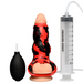 The Hell Hound Canine Squirting Penis Enhancer features a red and black marbled silicone design, includes a black bulb pump and clear syringe, ideal for fans seeking unique penis enhancers and fantasy pleasure experiences.