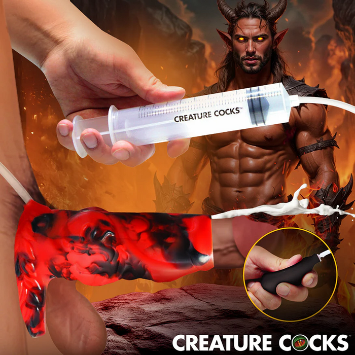 A fantasy ad shows a hand injecting fluid with a syringe into the red and black Hell Hound Canine Squirting Penis Enhancer as a muscular demon stands in a fiery, hellish background.