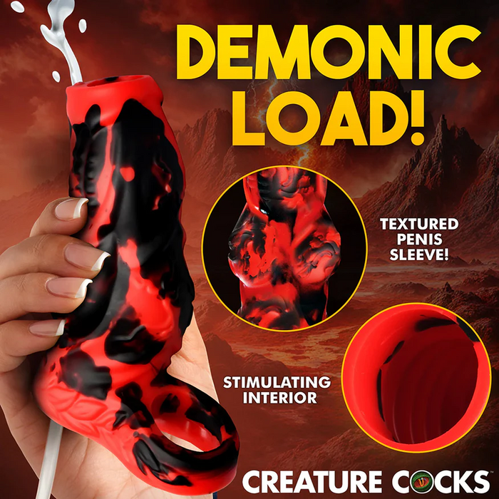 A hand holds the Hell Hound Canine Squirting Penis Enhancer, a red and black textured fantasy sleeve with an open tip. Bold yellow "DEMONIC LOAD!" text highlights its stimulating interior against a fiery background.