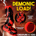 A hand holds the Hell Hound Canine Squirting Penis Enhancer, a red and black textured fantasy sleeve with an open tip. Bold yellow "DEMONIC LOAD!" text highlights its stimulating interior against a fiery background.