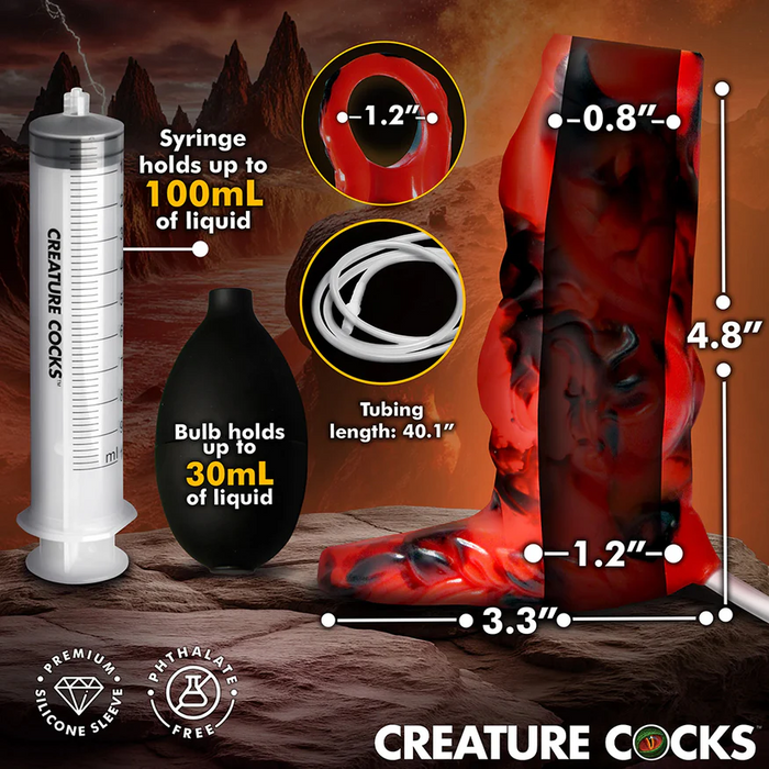 The Hell Hound Canine Squirting Penis Enhancer in red and black is shown with a large syringe, bulb, and measured tubing. Text details toy dimensions, liquid capacities, tubing length; it's made of premium silicone and phthalate-free.