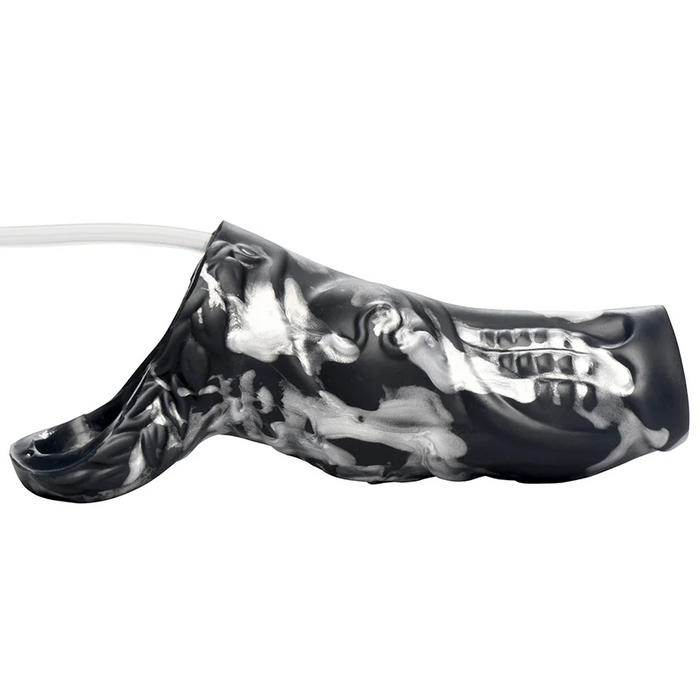 The Night Prowler Squirting Penis Enhancer, shown from the side against a white background, features a body-safe silicone design in black and silver.