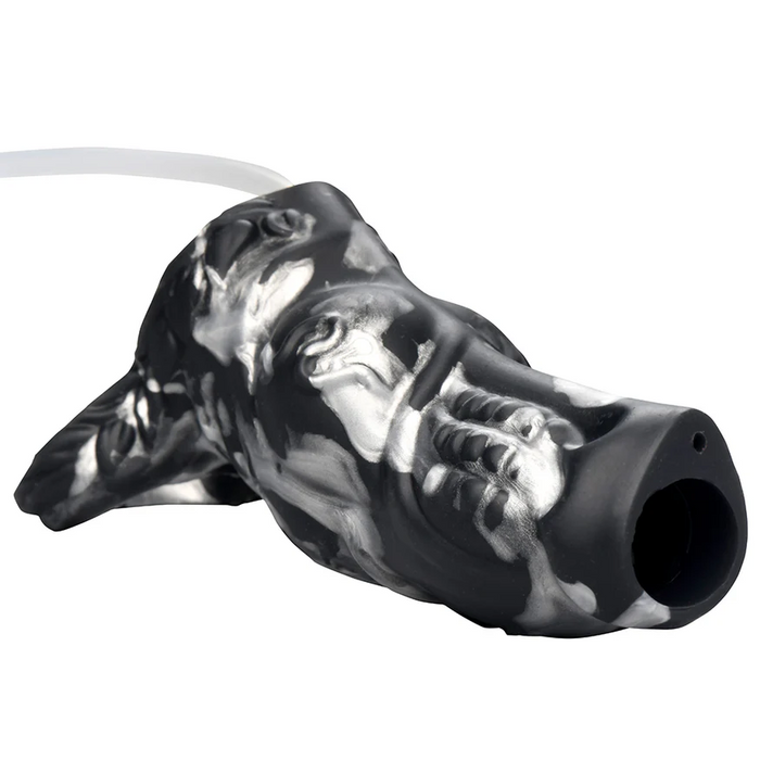 The Night Prowler Squirting Penis Enhancer is a black and white silicone fantasy creature sleeve with textured details, a hollow open end, and a translucent tube for squirting action.