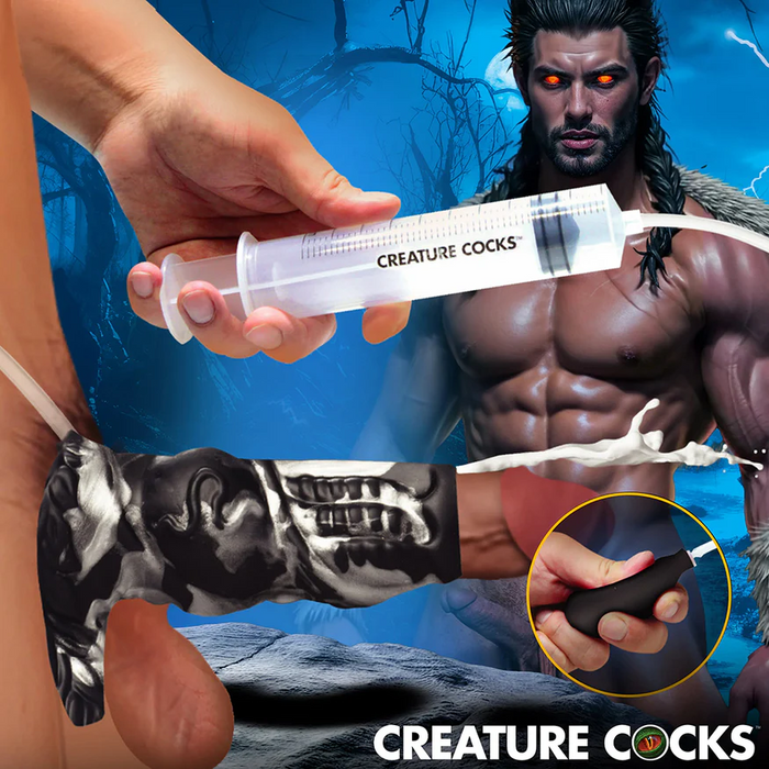 A hand holds the Night Prowler Squirting Penis Enhancer, a bold accessory featuring a skull design and sinister monster-sleeve look.