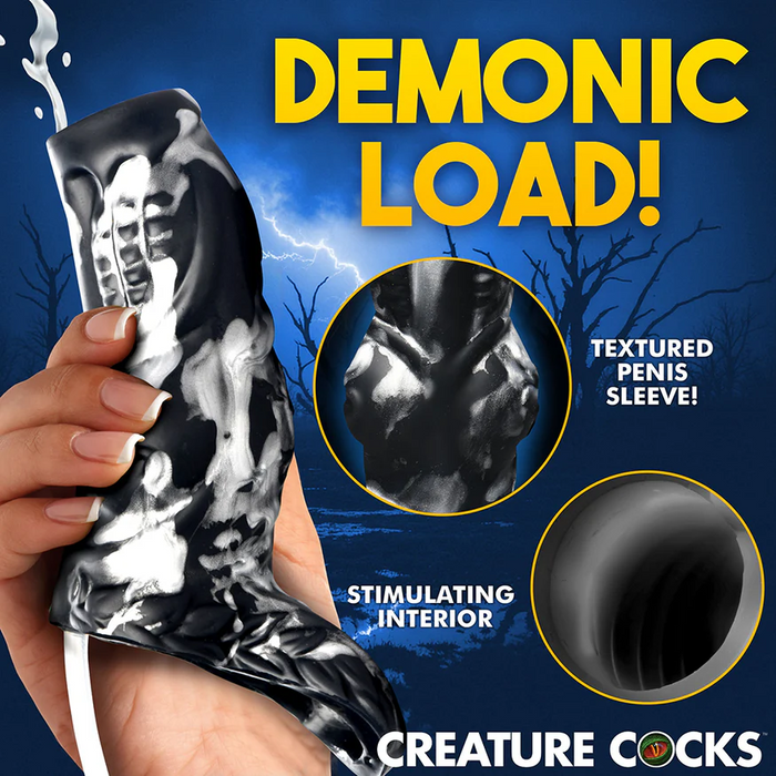 A hand holds the Night Prowler Squirting Penis Enhancer, featuring a bold black and white sleeve with a textured interior. "DEMONIC LOAD!" flashes over a stormy sky, emphasizing its intense design for heightened pleasure.