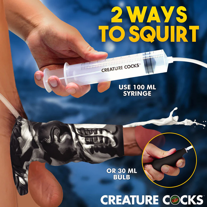A hand holds a 100ml syringe labeled "CREATURE COCKS" beside the Night Prowler Squirting Penis Enhancer, made of body-safe silicone, squirting liquid. Another hand squeezes a black 30ml bulb. Text reads "2 ways to squirt.