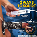 A hand holds a 100ml syringe labeled "CREATURE COCKS" beside the Night Prowler Squirting Penis Enhancer, made of body-safe silicone, squirting liquid. Another hand squeezes a black 30ml bulb. Text reads "2 ways to squirt.
