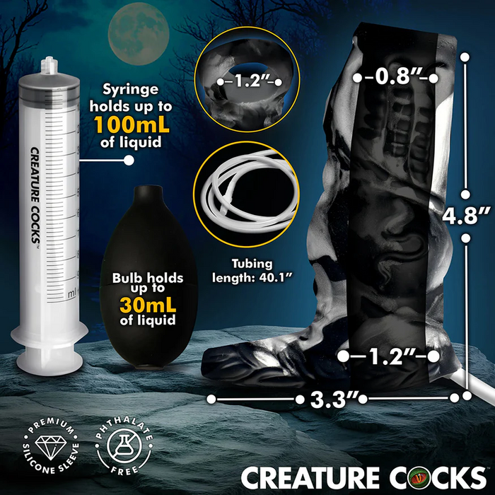 The Night Prowler Squirting Penis Enhancer is a fantasy-themed sleeve and syringe pump set for liquid, featuring body-safe silicone tubing, bulb, and premium materials. "Creature Cocks" branding appears at the bottom alongside measurements.