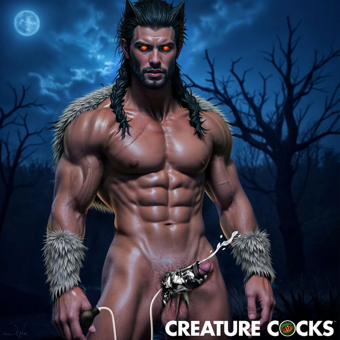 A man with long hair and fur shows off a bold look, accessorized with the Night Prowler Squirting Penis Enhancer for an edgy twist.