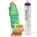 The Siphon Green Tentacle Squirting Penis Enhancer features a colorful, textured fantasy sleeve with attached tubing next to a large syringe labeled "CREATURE COCKS" for fluid play or fantasy roleplay.