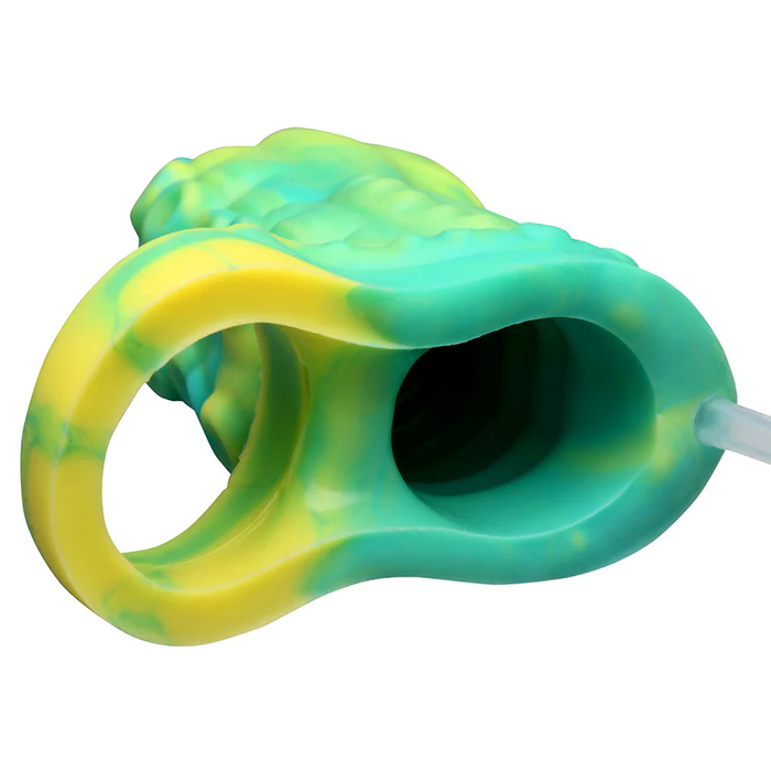 A close-up of the Siphon Green Tentacle Squirting Penis Enhancer, a silicone fantasy sleeve with a marbled yellow and teal design, large oval opening, and textured exterior.