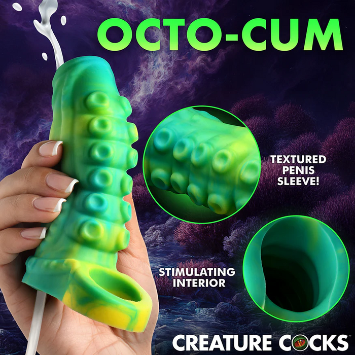 A hand holds the Siphon Green Tentacle Squirting Penis Enhancer, shaped like a colorful tentacle. Insets show its textured, stimulating design. The purple background features the "Creature Cocks" brand at the bottom.
