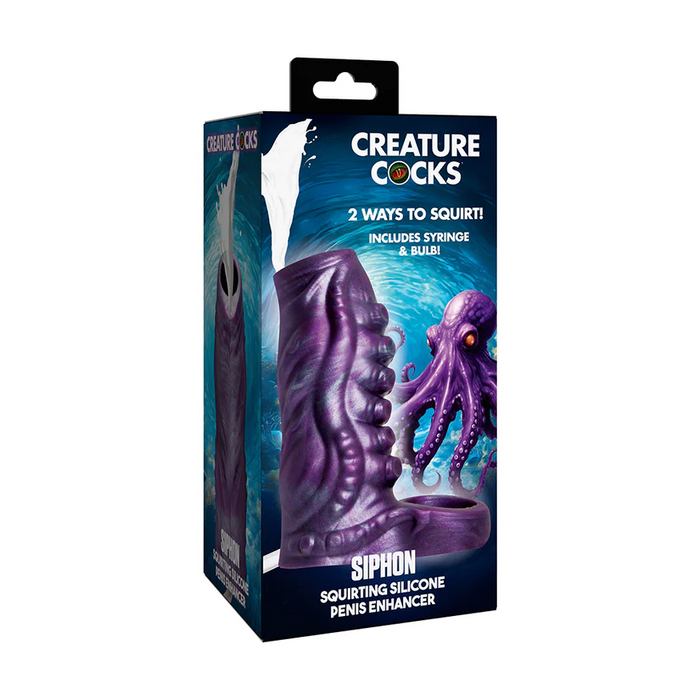 The Siphon Tentacle Squirting Purple Penis Enhancer comes in a box with aquatic graphics and a purple octopus, showing its bumpy, ridged tentacle sleeve. Packaging lists "2 ways to squirt!" and includes both a syringe and a bulb.