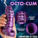A hand holds the Siphon Tentacle Squirting Purple Penis Enhancer—a textured, tentacle-shaped sleeve with a stimulating interior. White liquid squirts from the tip as on-screen text highlights features and Creature Cocks branding.