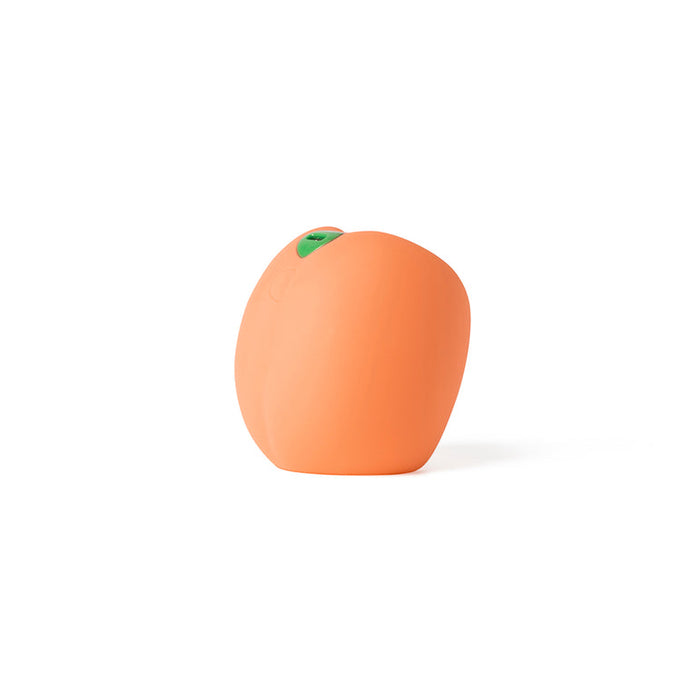 The Emojibator Peach Vibrating Penis Stroker is an orange, peach-shaped stroker with a small green button on top, featured against a plain white background.