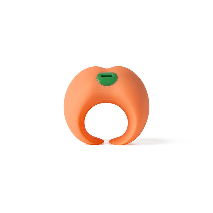 The Emojibator Peach Vibrating Penis Stroker is an orange silicone masturbator with two curved arms and a green button on top, peach-shaped and shown against a plain white background.