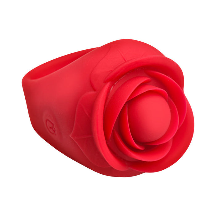 The Bloomgasm Rose Ring Finger Vibrator features a body-safe silicone design, shaped like a vibrant red rose with detailed petals, shown from the side on a white background.