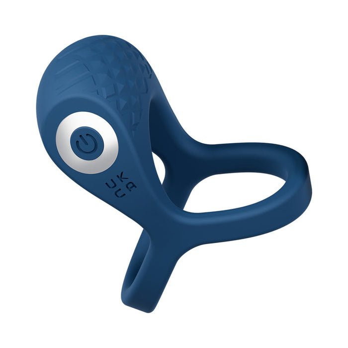 The Dual Flex Pro Vibrating Silicone Couples' Ring with Ball Strap is a blue silicone ring with texture, a round power button, and two loops—perfect for couples—shown on a white background.