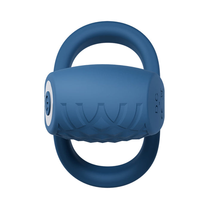 Experience the Dual Flex Pro Vibrating Silicone Couples' Ring with Ball Strap—a blue, textured dual loop design with a convenient circular button, perfect for couples seeking enhanced pleasure and comfort.