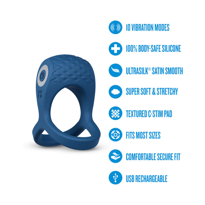 The Dual Flex Pro Vibrating Silicone Couples' Ring with Ball Strap—in blue—features 10 vibration modes, body-safe satin smooth silicone, super soft and stretchy fit, textured pad, fits most sizes securely, and is USB rechargeable.