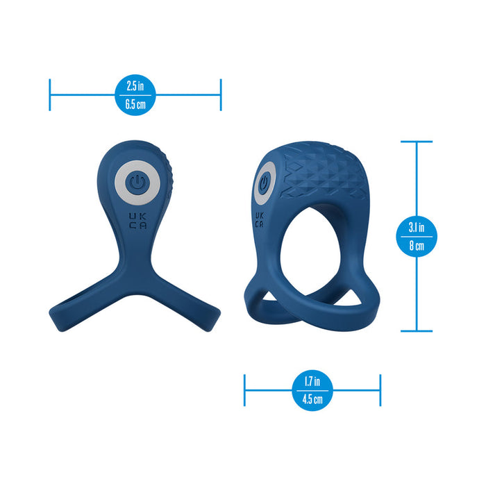 Two blue Dual Flex Pro Vibrating Silicone Couples' Rings with Ball Strap are shown from front and side views. Each features a power button and measures 2.5 in/6.5 cm wide, 3.1 in/8 cm tall, with a 1.7 in/4.5 cm diameter.