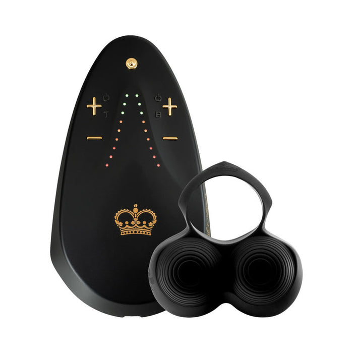 The Hot Octopuss Jett Turbo Hands-Free Masturbator is a black device with a gold crown emblem, LED indicator lights, control buttons, and a detachable double-ringed attachment for frenulum stimulation to elevate pleasure.