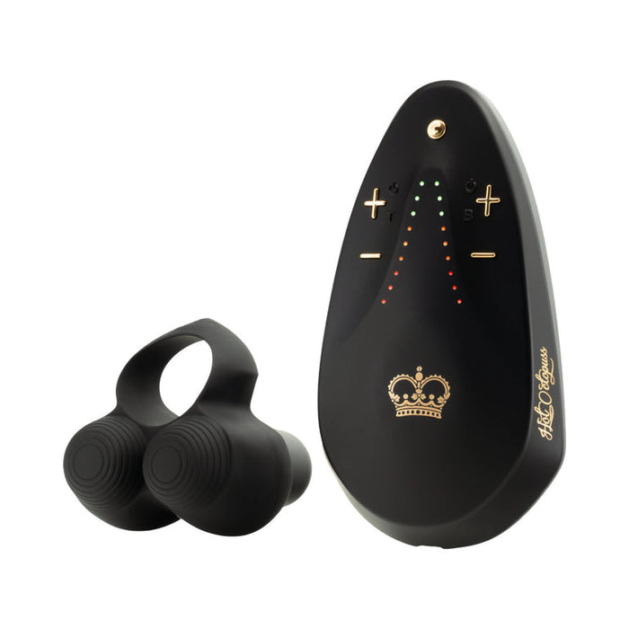 The Hot Octopuss Jett Turbo Hands-Free Masturbator is a black device with LED lights, a gold crown emblem, volume controls, and matching wireless textured earbuds, designed for discreet hands-free erectile dysfunction support.
