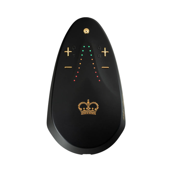 The Hot Octopuss Jett Turbo Hands-Free Masturbator is a black electronic device with a gold crown emblem, power and +/- buttons, and green/red LED lights, designed for hands-free penile stimulation and erectile dysfunction support.