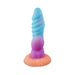 The Splash Nova Squirting 10 Inch Glow in the Dark Creature Dildo features a silicone spiral and scale texture with blue at the tip, purple in the center, and orange at the base, mimicking a mythical tentacle tail.