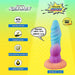 The Splash Nova Squirting 10 Inch Glow in the Dark Creature Dildo features colorful, textured premium silicone, a squirting function, ultra-strong suction cup, water resistance, 7.09" insertable length, and a vibrant glow—perfect for fantasy play.