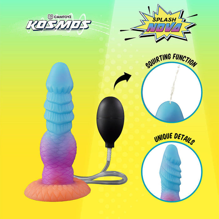A vibrant, textured Splash Nova Squirting 10 Inch Glow in the Dark Creature Dildo with a suction base and black squeeze pump is shown. Inset circles highlight its squirting function and details. Branding shows "Camtovz Kosmos" on a gradient background.