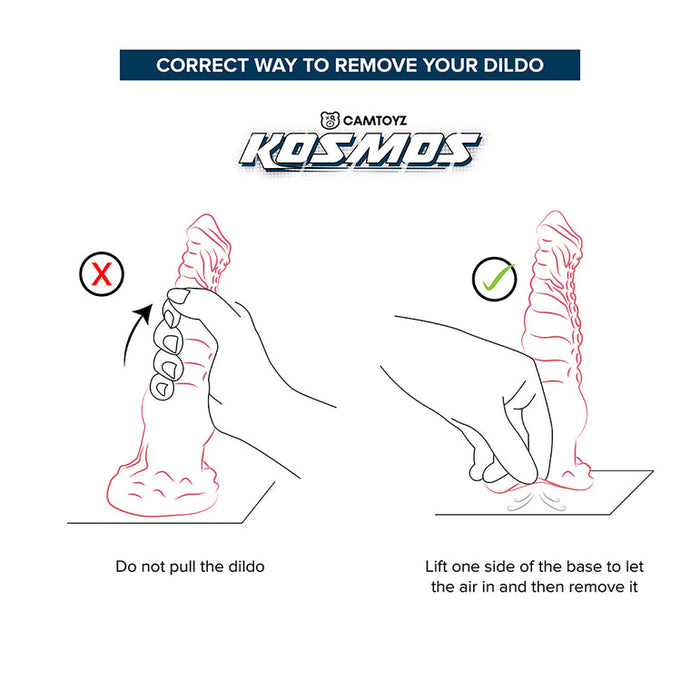 Instructional graphic shows correct and incorrect ways to remove the Splash Nova Squirting 10 Inch Glow in the Dark Creature Dildo. Don't pull straight up; instead, lift one side of the base to let air in before removal. Includes text and illustrations for both methods.