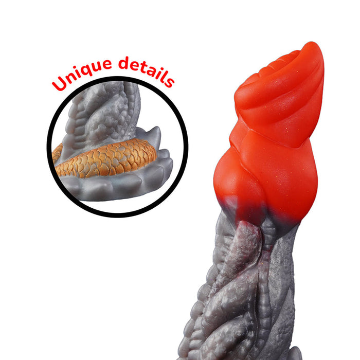 The Splash Garon Squirting 7.5 Inch Dragon Creature Dildo features fantasy-inspired, textured silicone in red, gray, and orange hues. A close-up inset displays scaled ridges with "Unique details" in red text above the intricate design.
