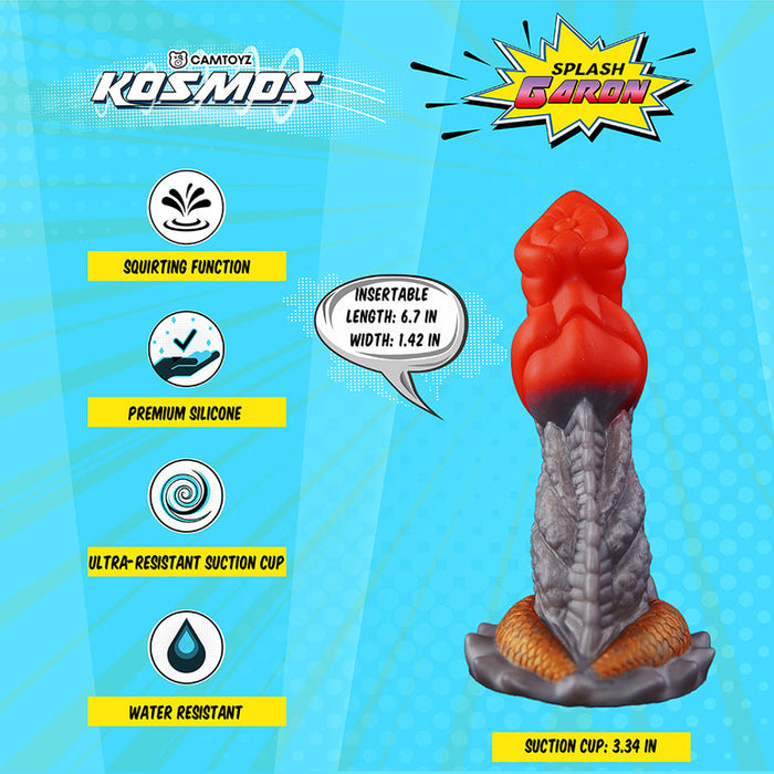 Promotional image for the "Splash Garon Squirting 7.5 Inch Dragon Creature Dildo," featuring its squirting function, premium silicone, ultra-strong suction cup, water resistance, strap-on compatibility, and dimensions: 7.5" long, 1.42" wide.