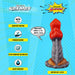 Promotional image for the "Splash Garon Squirting 7.5 Inch Dragon Creature Dildo," featuring its squirting function, premium silicone, ultra-strong suction cup, water resistance, strap-on compatibility, and dimensions: 7.5" long, 1.42" wide.