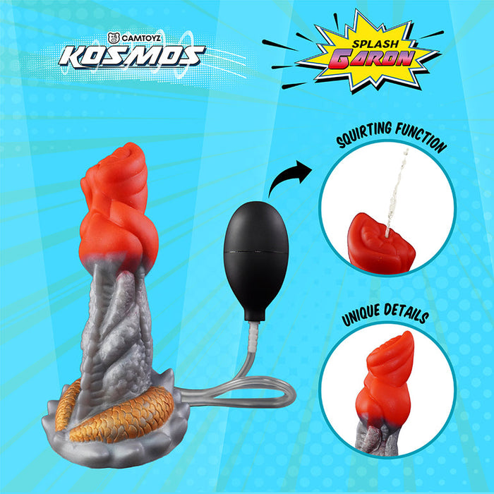 The Splash Garon Squirting 7.5 Inch Dragon Creature Dildo is a red and gray silicone fantasy toy with textured details, featuring a squeeze pump for squirting. The image uses comic-style captions and a blue background to showcase the product.