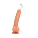 The Karion Realistic Squirting Dildo features a lifelike texture, flesh-toned shaft, testicles, harness-compatible suction base, and a squirting tip for a realistic experience.