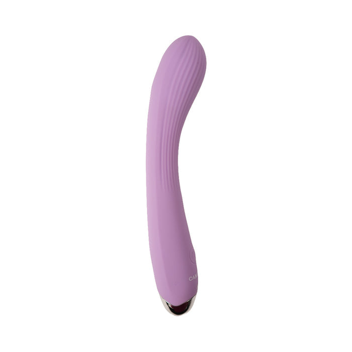 The Kian Slim Ergonomic Warming Silicone Vibrator, shown in lavender with a curved, ribbed design and rounded tip, is photographed on a white background.