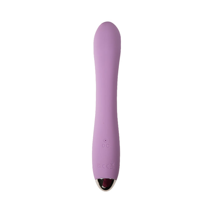The Kian Slim Ergonomic Warming Silicone Vibrator, in purple, features a smooth, cylindrical design with a rounded tip, metallic base, and small charging port. It's photographed on a white background.