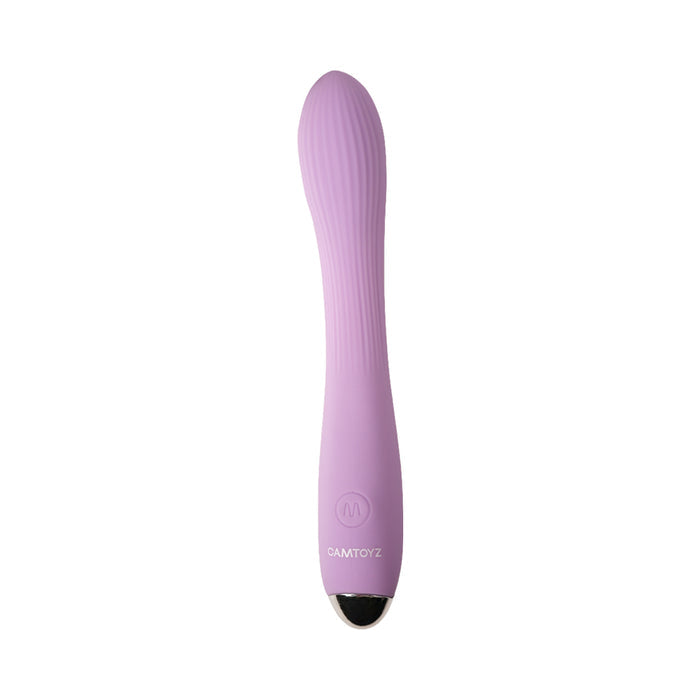 The Kian Slim Ergonomic Warming Silicone Vibrator is a purple G-spot vibe with a ribbed tip, smooth curved body, black circular accent at the base, and CAMTOYZ branding.