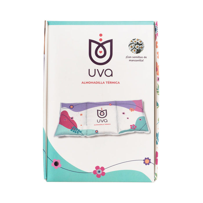 A box of "UVA Warming Pad – Reusable Hot & Cold Therapy Pad for Natural Pain Relief" with colorful floral and bird designs on the packaging, highlighting heat therapy for muscle soreness and containing chamomile seeds.